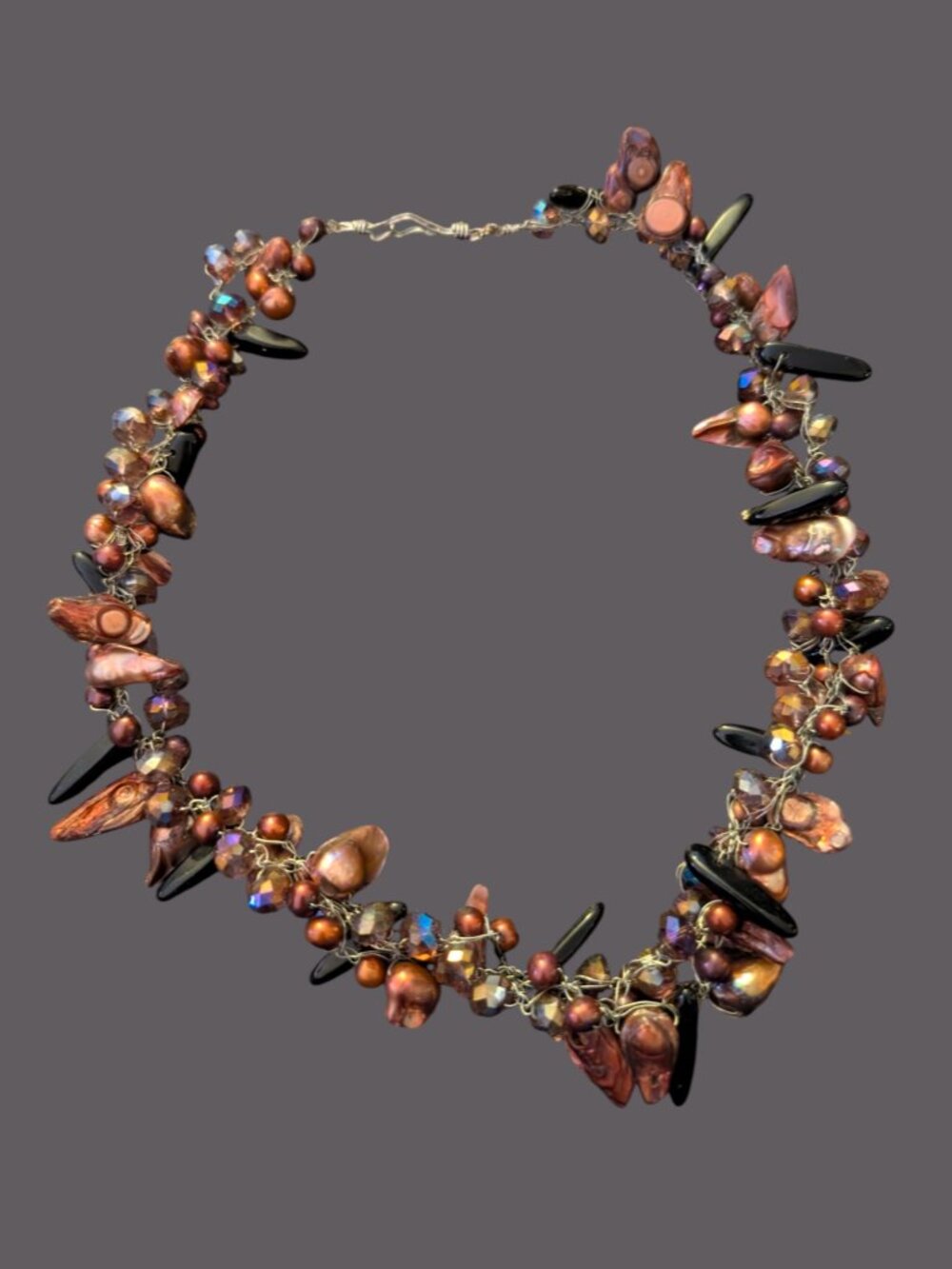 Natural Pearl Dyed Crystals Black Onyx Wire Wrap 20.25" Statement Necklace